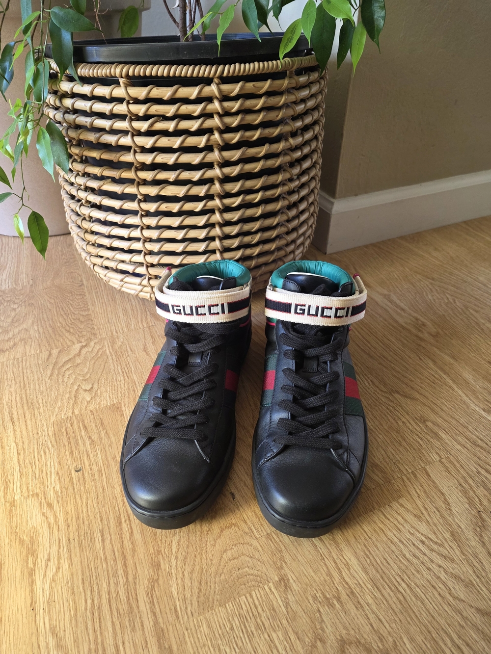 Gucci Black Leather High-Top Sneakers with Signature Web Stripe - Picture 2 of 8